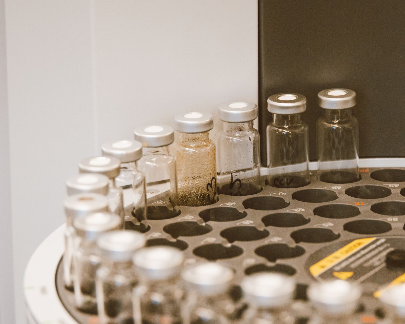 Vials on the shelf of a freeze dryer
